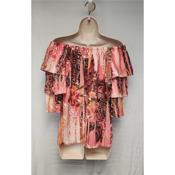 Cato Est 1946 Tiered Ruffle Sleeve 3/4 Sleeve Floral Blouse Pink/Black Size M - Picture 4 of 6